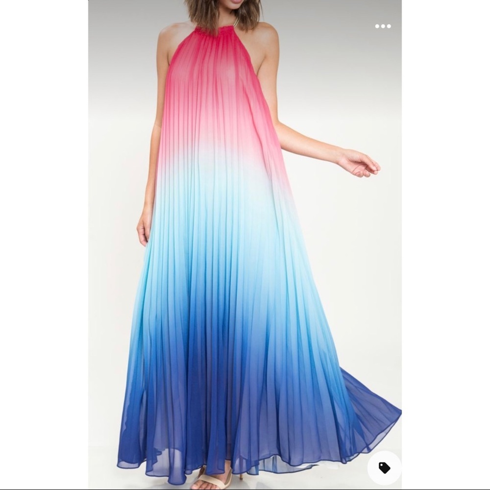 L’Atiste Halter Top Fulled Pleated Ombré Blue Pink Dress